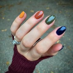 Rainbow Fall Nails, Blue Green Fall Nails, Teal And Rust Nails, Blue Green Dip Nails, Orange Yellow Blue Nails, Blue And Maroon Nails, Multi Color Dip Nails, Multi Color Fall Nails, Multi Colored Fall Nails