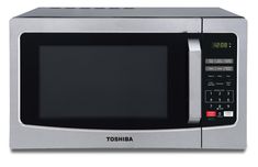 a stainless steel microwave oven with the timer on it's side and door open