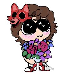 a cartoon character with sunglasses and flowers in her hand