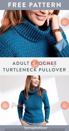 a woman wearing a blue turtle neck sweater with text overlay that reads free pattern