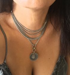 "♦ layer coin necklace made of silver-plated brass. the necklace design in a boho-chic style The chain is inspired by a boho-chic style Combined with a rocker style A beautiful and unique necklace. SIZE Length: 11.8\" (30cm) up to 17.7\" (45cm) (The size refrs to the first chain) width pendant: 1.57\" (4cm) ♦ This piece of jewelry is perfect as a gift for yourself, for the friend, Valentine's day a birthday or festival. If you're interested in sending a gift to a third party, just write your mes Long Drop Necklace, Layered Coin Necklace, Silver Link Necklace, Silver Coin Necklace, Boho Chic Necklace, Multi Chain Necklace, Layered Necklaces Silver, Chic Necklace, Multi Layer Necklace