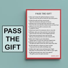 a pass the gift card next to a sign that says pass the gift on it