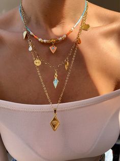 Gold Layering Stainless Steel Necklace Triangle Necklace - Etsy Maximalist Necklace Stack, Layering Necklaces Aesthetic, Layering Necklaces Mixed Metals, Gold Stacked Necklaces, Woven Bracelet Diy, Beach Necklace Boho, Summer Beaded Necklace, Layered Necklaces Gold, Summer Accessories Jewelry