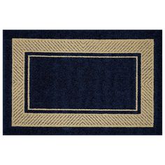 a blue and beige area rug with a black border