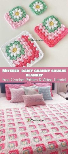 crocheted bedspread and pillows are shown in three different colors, including pink, green, white and yellow