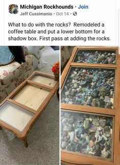 the table is covered in rocks and has been placed on top of it for display