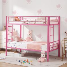 a pink bunk bed in a child's bedroom