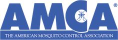 the american mosquito control association logo is blue and white with an insect on it's back