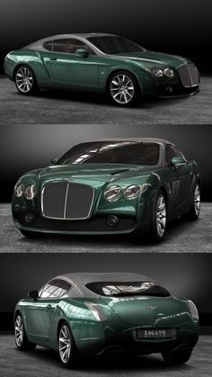 three different views of the front and side of a green car