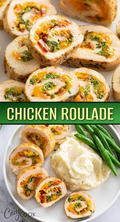 chicken stuffed with broccoli, cheese, and bacon with a side of mashed potatoes and green beans. Chef Quality Recipes, Chicken Roulade Recipe, Stuffed Chicken Breast Recipes, Mashed Potatoes And Green Beans, Chicken Roulade, Delicious Broccoli, Potatoes And Green Beans, Cozy Cook