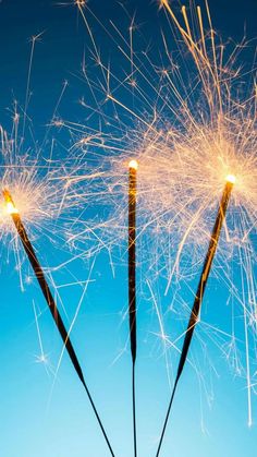 three dandelions blowing in the wind against a blue sky