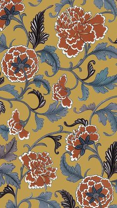 an orange and blue flower pattern on a yellow background