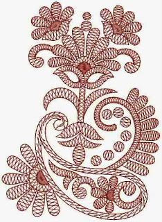 a drawing of a vase with flowers and leaves on it's side, in red ink