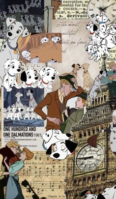 a collage of cartoon characters including dogs, people and buildings with the words one hundred and one dalmations on them