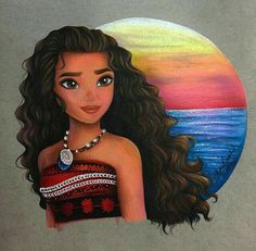 a drawing of a woman with long hair and an ocean scene in the back ground