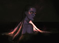 a painting of a woman with long hair and glowing eyes sitting in water at night