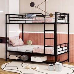 a bunk bed sitting on top of a hard wood floor next to a white rug