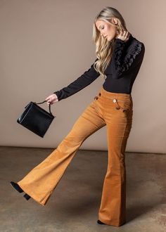 Corduroy Bell Bottom Pants Outfit, Gold Corduroy Pants Outfit, Mustard Corduroy Pants Outfits, Courdory Flare Pants Outfits, Tan Suede Pants Outfit, Burnt Orange Corduroy Pants Outfit, Medium Size Women Outfits, Corduroy Bell Bottoms Outfit, Tan Corduroy Pants Outfit