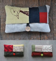 four different pillows with buttons on them, one is made from fabric and the other has an image of a bird