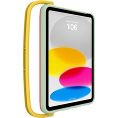 an ipad with a yellow handle attached to the front and back sides, on a white background