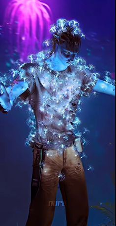 a man dressed up in costume with lights on his body and hands out to the side