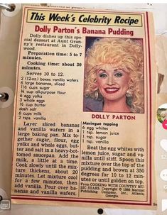 an old newspaper article with dolly parton's celebrity recipe