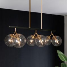 four glass globes hanging from a brass chandelier in a room with black walls