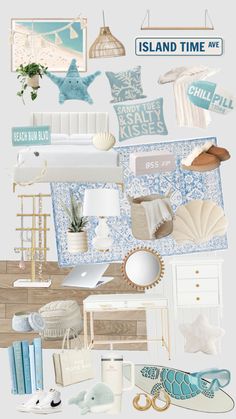 a collage of blue and white items with the words island time on them, along with