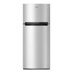 a silver refrigerator freezer sitting on top of a white wall