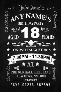 Vintage Chalkboard Style Black And White 18Th Birthday Party Personalised InvitationsThese fantastic high quality Vintage Chalkboard Style Black And White 18th Birthday Party, 40th Birthday Invites, 18th Birthday Invitation, 21st Birthday Ideas, School Function, Birthday Party Invitation Wording, Vintage Chalkboard, Party School