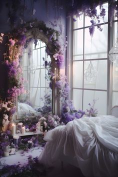 a bedroom decorated with flowers and candles