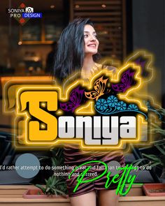 a woman in a short skirt standing next to a window with the words sonya on it