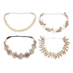 three different types of headbands with beads and leaves on the sides, one is white