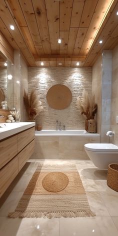 a large bathroom with wooden ceiling and tile flooring