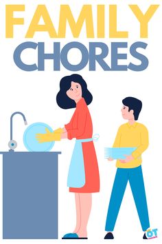 a man and woman are washing dishes in the kitchen with text that reads family chores