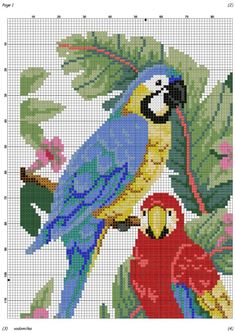 a blue and yellow parrot sitting on top of a tree branch next to a red bird