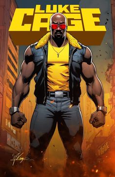 the cover to luke cage's comic book, featuring an image of a man in yellow