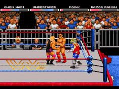 an old video game with two wrestlers in the ring and people watching from the stands