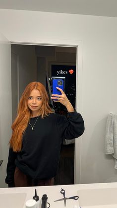 asian girl with copper red hair taking a mirror selfie Copper Hair For Black Women, Colors That Go With Copper Hair, Styling Copper Hair, Copper Penny Balayage, Blonde Hair To Copper Hair, Outfit Ideas For Ginger Hair, Copper Hair Styling, Kendall Copper Hair, Outfit For Ginger Hair
