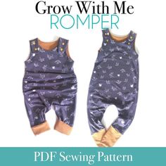 a pair of baby rompers with the text grow with me romper