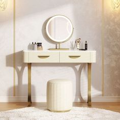 a white vanity with a round mirror and stool in front of it on a wooden floor