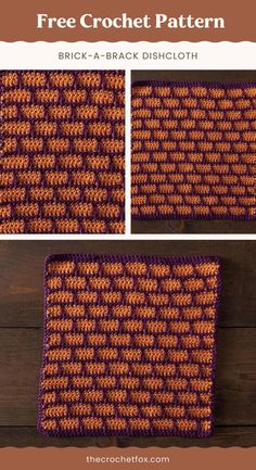 the crochet dishcloth pattern is shown in three different pictures, one with an orange and purple design