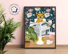 a framed print of a leopard reading a newspaper in front of a potted plant