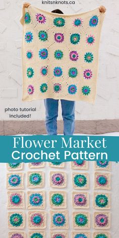 a crocheted blanket is shown with the words flower market written in blue and green