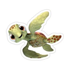 a cartoon turtle with big eyes flying through the air and looking at the camera lens