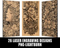 two laser engraving designs with flowers and leaves on the sides, one has a woman's face