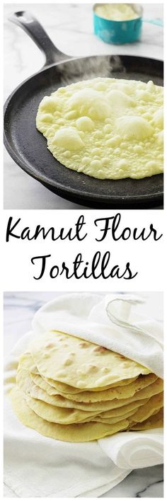 tortillas are stacked on top of each other in a cast iron skillet