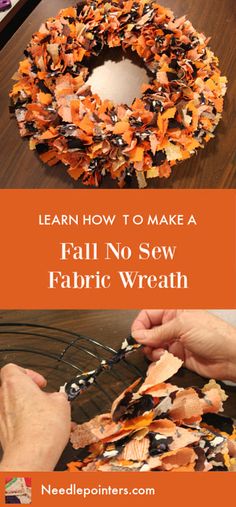 someone is making a fall no sew fabric wreath with leaves on the top and bottom