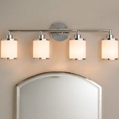 a bathroom vanity with three lights and a mirror