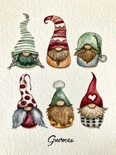 six gnomes with different hats on their heads and the word gnome written in cursive